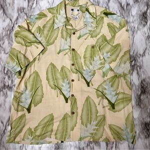 Tropical Leaf Print Short Sleeve Silk Shirt Coconut Buttons Resort Vacation Vibe